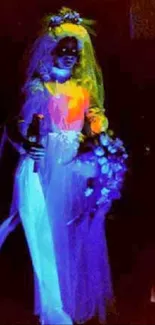 Ethereal neon bride with glowing gown holding flowers in dark setting.