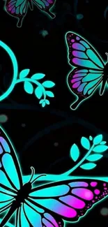 Neon glow butterfly wallpaper with cyan and pink accents on black.