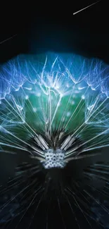 Ethereal glowing dandelion with cyan blue hues on a dark background.