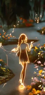 A glowing girl walking through a magical flower pathway.