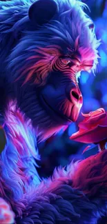 Illuminated gorilla holding rose in neon glow.