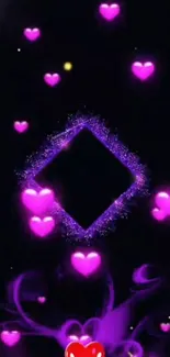 Purple glowing heart wallpaper with black background and luminous decorations.