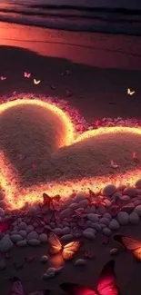 Heart-shaped glowing sand on beach surrounded by butterflies.