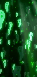 Eerie glowing green ghosts float in a dark atmospheric background.