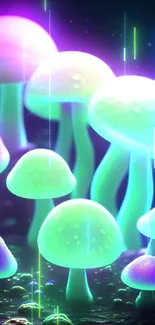 Neon green mushrooms glowing in a dark, mystical setting.