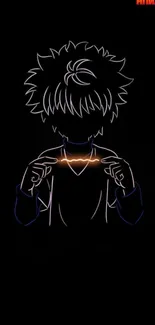 Neon line art of anime character with black background.