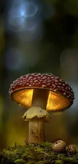 A magical red mushroom glowing in a dark, mystical forest setting.