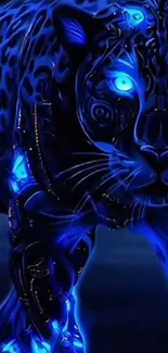 Blue glowing robotic panther wallpaper with vivid eyes.