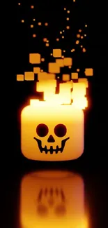 Glowing pixelated skull with orange flames on black.