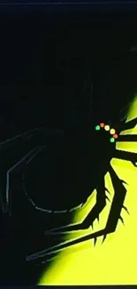 Silhouette of a glowing spider on a bright yellow background.