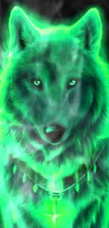 Neon green glowing wolf wallpaper with luminous effect.