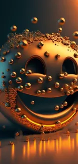 3D smiley face with glowing orange and gold hues, surrounded by bubbles.