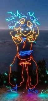 Illuminated anime character with neon lights by the sea at night.