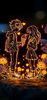 Glowing anime couple with flowers in neon light.