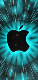 Teal glowing Apple logo on mobile wallpaper.