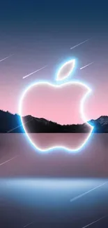 Glowing Apple logo against a twilight landscape backdrop.