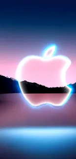 A glowing Apple logo with a pink and blue gradient sky background for mobile wallpaper.