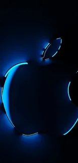 Glowing blue Apple logo on dark background.