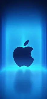 Blue glowing Apple logo on digital wallpaper.