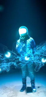 Glowing astronaut with neon aura wallpaper.