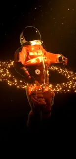 Glowing astronaut in space surrounded by light on a dark background.