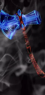Glowing neon axe on dark smoky background wallpaper.