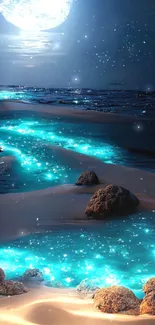 Glowing beach under moonlight with sparkling teal waves in a tranquil night scene.