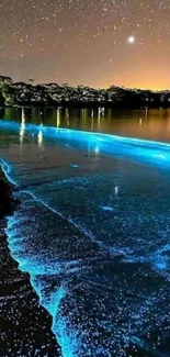 Bioluminescent beach under a starry night sky with glowing waves.