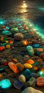 Glowing multicolored pebbles on a mystical night beach.