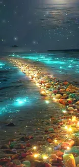 Glowing stones create a path on the beach under a starry sky.