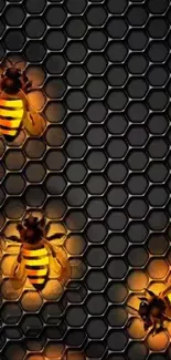 Glowing bees on a honeycomb pattern