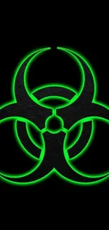 Neon green biohazard symbol on black background.