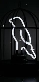 Glowing neon bird silhouette inside a black cage.