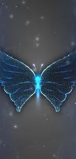 Glowing blue digital butterfly on dark background.