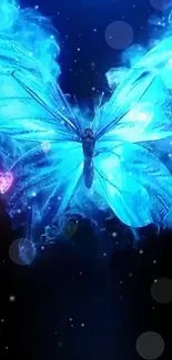 Glowing blue butterfly with starry background on a mobile wallpaper.