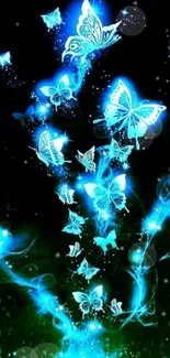 Glowing blue butterflies on a dark background.