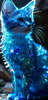 Majestic blue cat with crystal armor glowing in light.