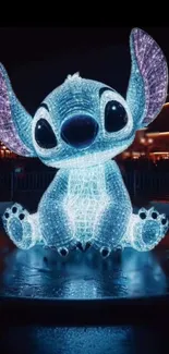 Illuminated blue character with glowing features in a nighttime setting.