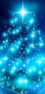 Glowing blue Christmas tree with sparkles on a festive mobile wallpaper.