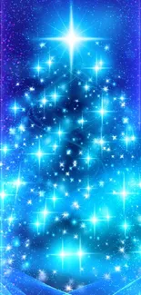 A glowing, decorated Christmas tree with starry lights on a blue background.