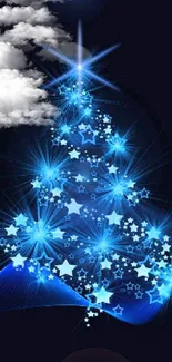 A glowing blue Christmas tree with bright stars on a dark blue background.