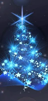 Glowing blue Christmas tree with bright stars on a dark background.