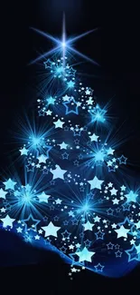 A glowing blue Christmas tree with stars on a dark background for mobile wallpaper.