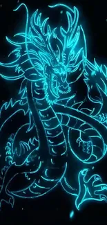 Neon blue dragon design on a black background wallpaper.