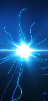 A dynamic burst of glowing blue energy in the center of a dark background.