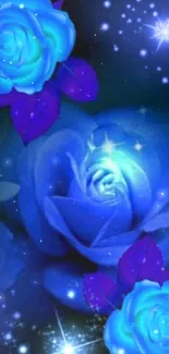 Blue roses and stars glowing in a night sky.