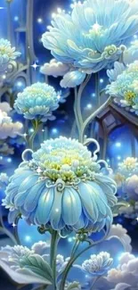 Glowing blue fantasy flowers with magical ambiance.