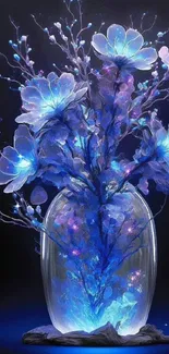 Glowing blue flowers in a glass vase.