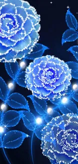 Glowing blue floral wallpaper with luminous flowers and leaves.