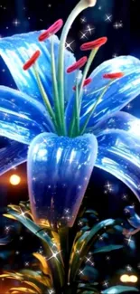 Glowing blue fantasy flower with stars and cosmic background.